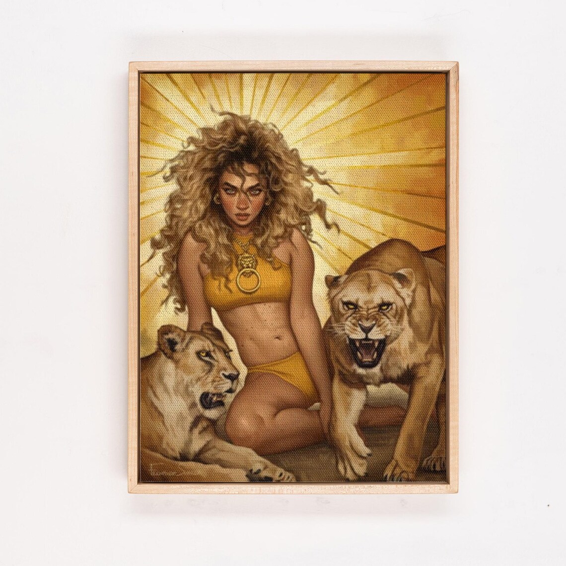 Fierce Wild Woman with Two Lionesses Golden Goddess Art Poster - Image 4