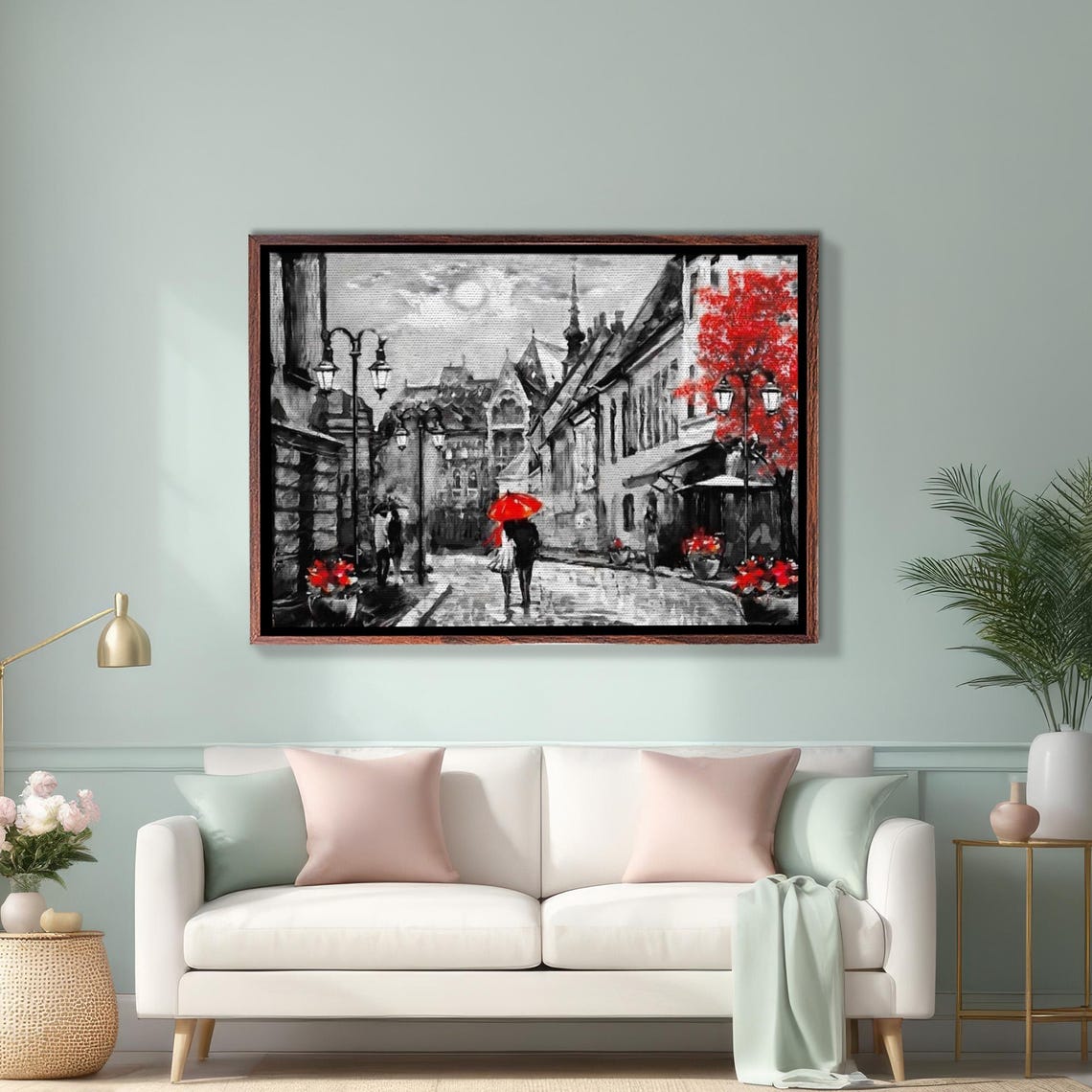 Budapest Old Town Street Red Umbrella Black and White Poster