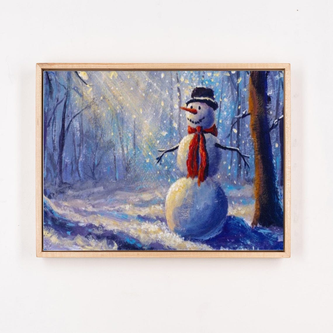 Cheerful Snowman Standing in Sunlit Winter Forest Holiday Poster - Image 4