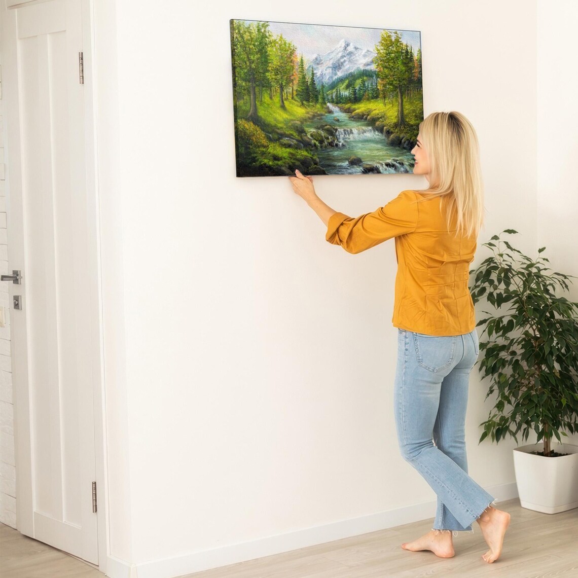 Mountain Stream With Snowy Peaks Landscape Painting Art Poster - Image 5