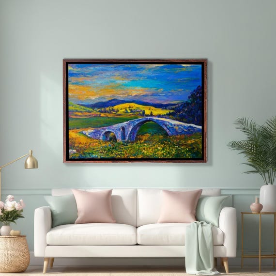 Village Stone Bridge Sunset Landscape Wall Painting Nature Art Nature Decor Nature Wall Decor Nature Print