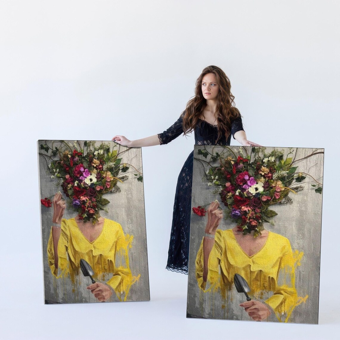 Woman With Flower Head Holding Trowel In Surreal Garden Poster - Image 5