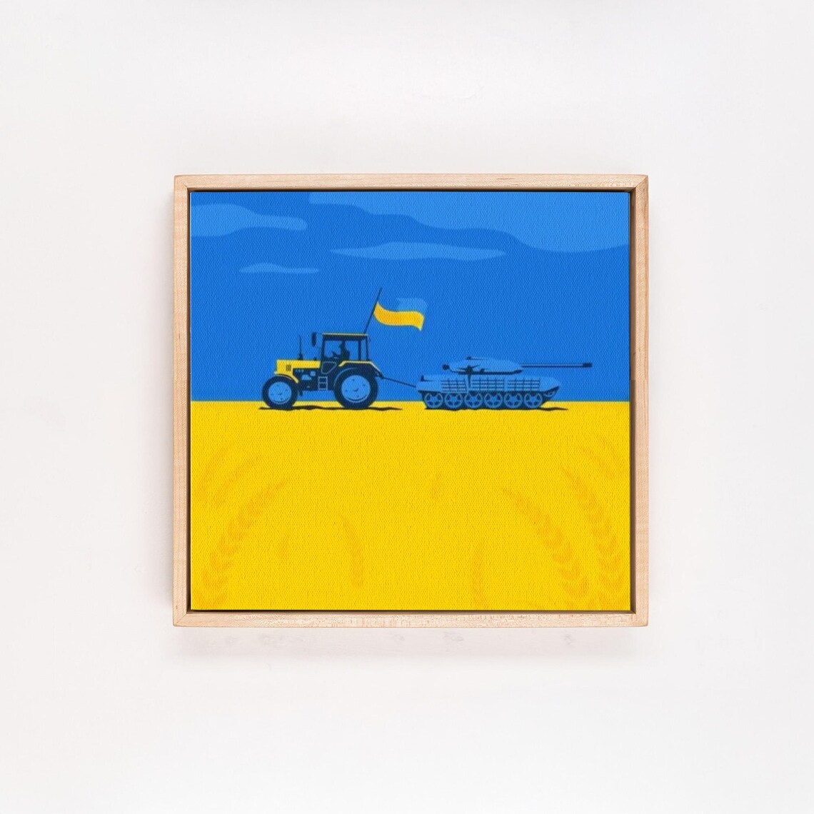 Yellow Tractor Towing Tank Ukrainian Flag Colors Graphic Art Poster - Image 4