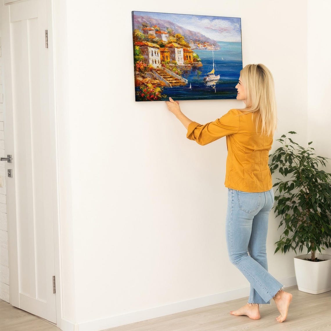 Mediterranean Coastal Village With Boats on Blue Water Poster - Image 5