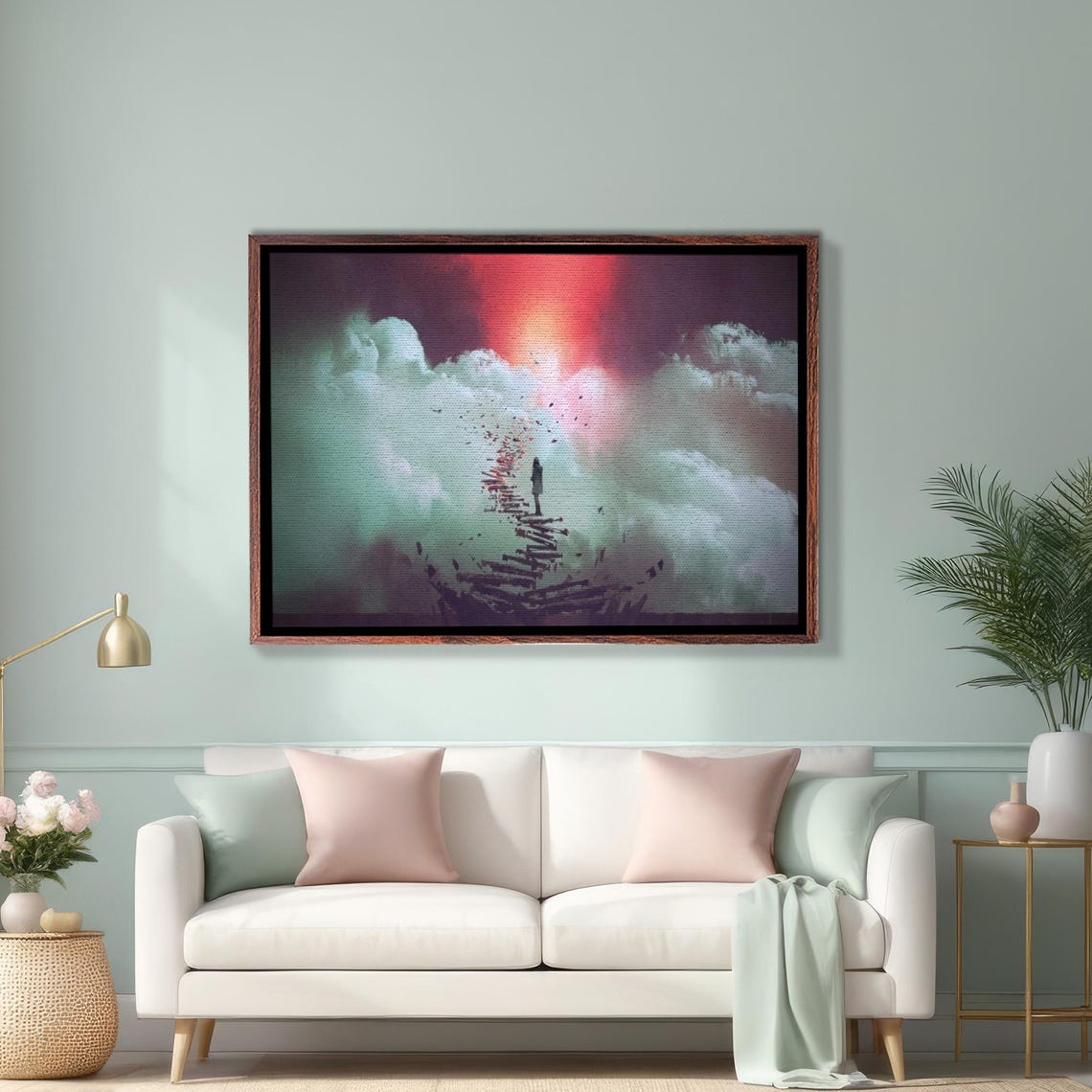 Young Woman Standing On Broken Ladder To The Sky Art Surreal Wall Art Framed Wall Art Housewarming Gift