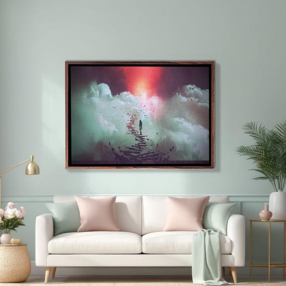 Young Woman Standing On Broken Ladder To The Sky Art Surreal Wall Art Framed Wall Art Housewarming Gift