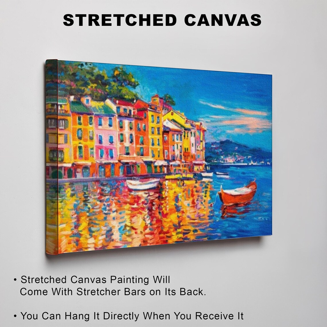 Colorful Italian Coastal Town With Boats Seaside Oil Painting Poster - Image 3