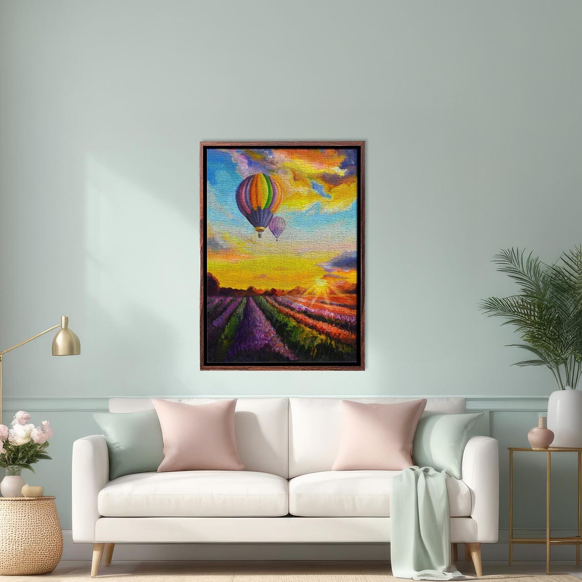 Hot Air Balloon Over Lavender Field At Golden Sunset Painting Poster