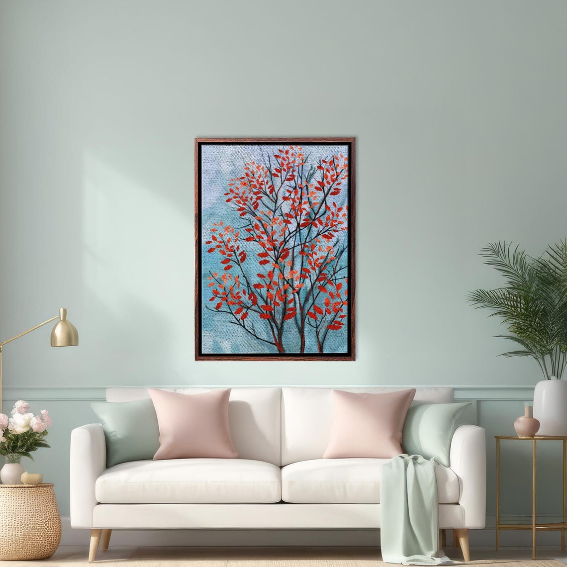 Crimson Red Autumn Leaves Tree Against a Pale Blue Sky Poster