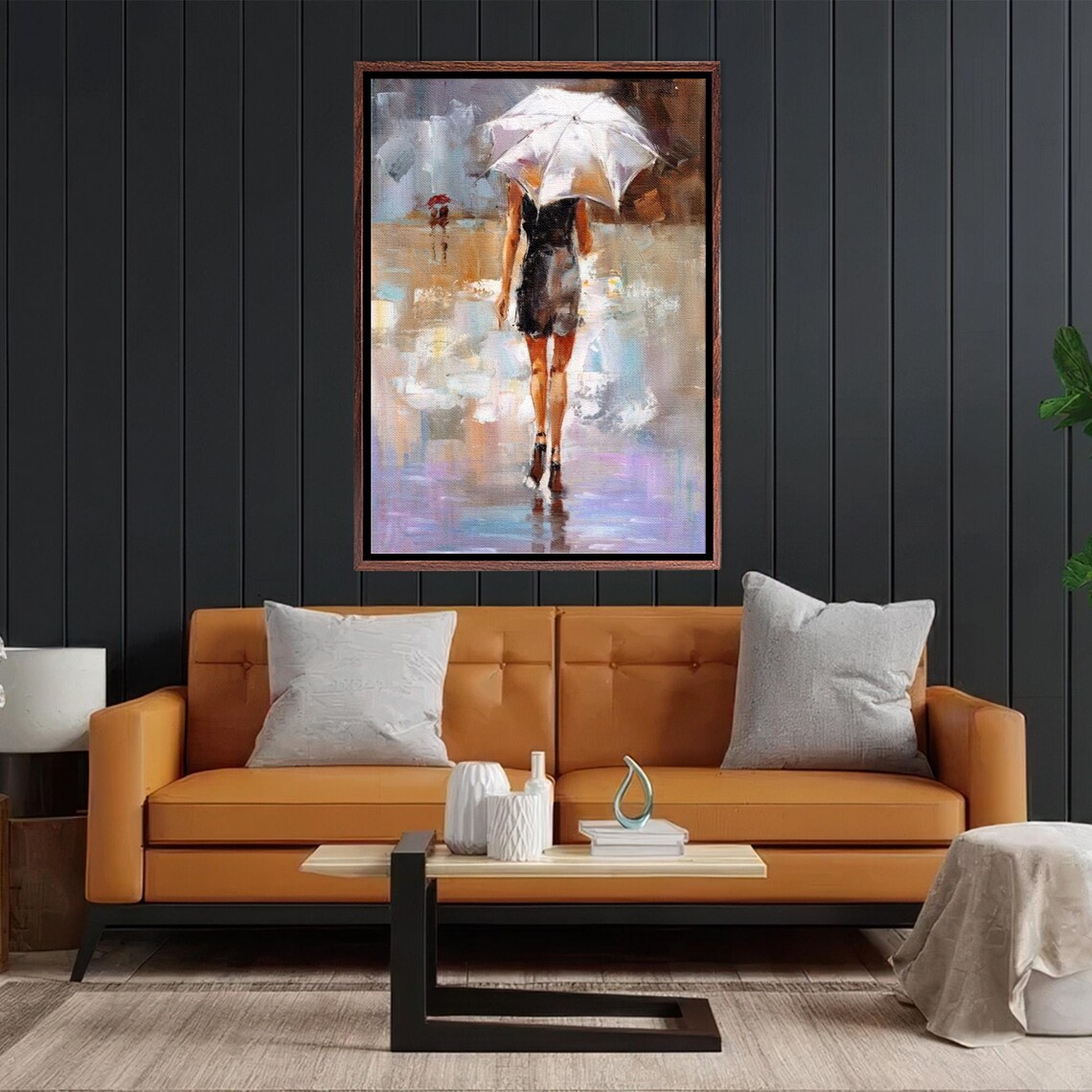 Woman With White Umbrella Walking In The Rain Oil Painting Art Poster - Image 2