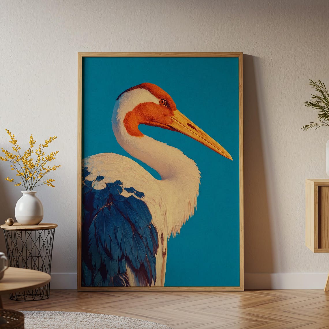 Japanese Crane Blue Background Antique Elegant Bird Painting Wall Art