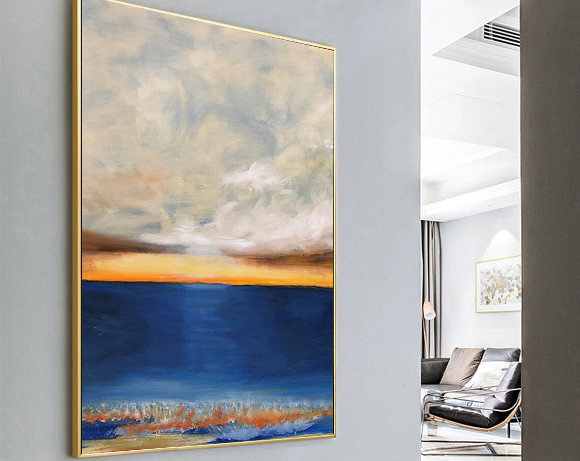 Abstract Blue Ocean Sunset Painting Golden Horizon Calm Sea Art Poster - Image 2