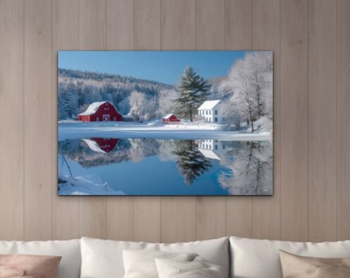 Cozy Winter Red Barn Farmhouse on Frozen Lake Reflection Poster
