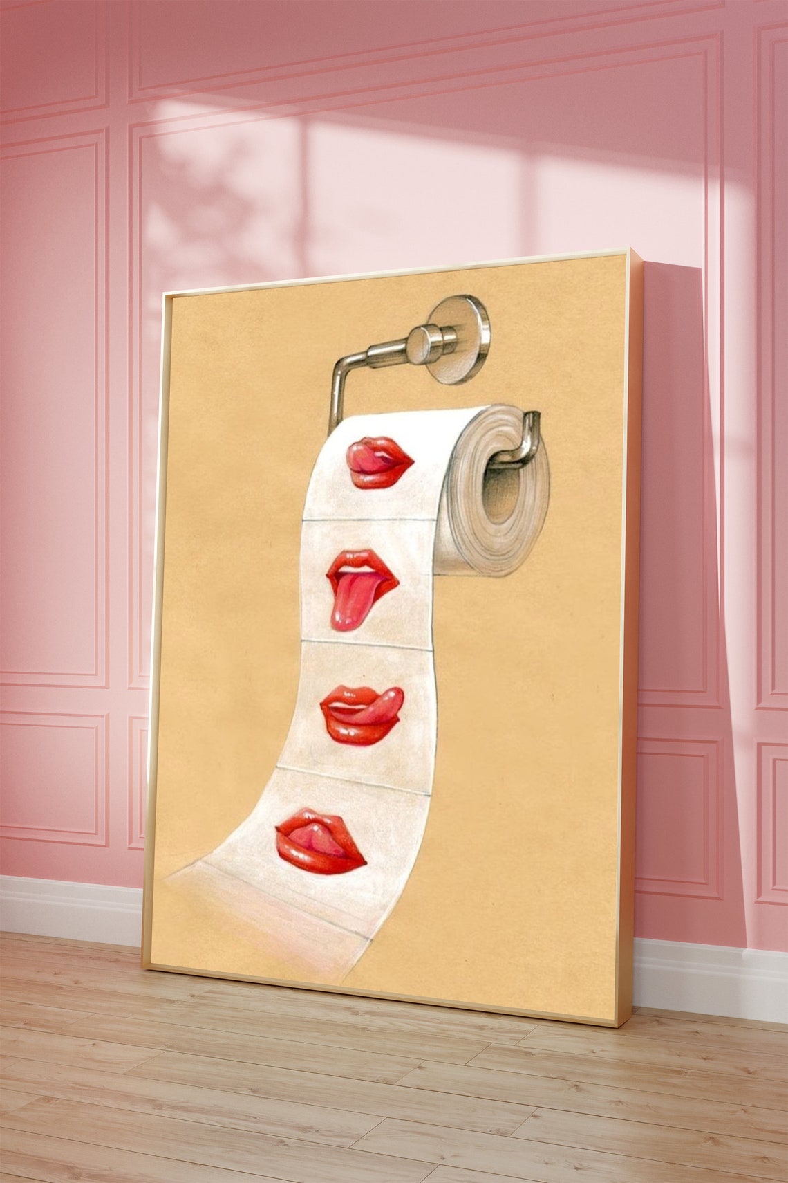 Playful Red Lips Toilet Paper Roll Funny Bathroom Humor Poster