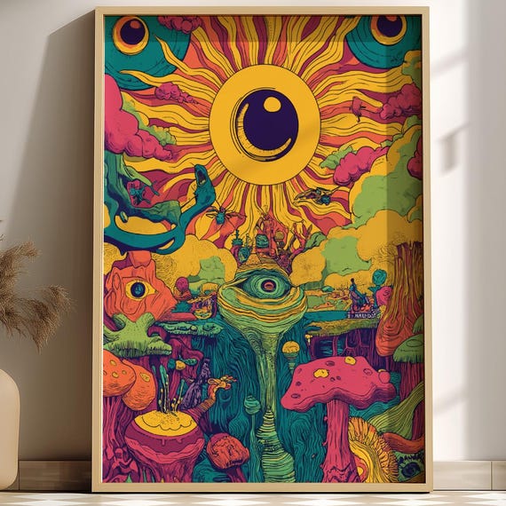 Electric Bloom Art Print Surreal Psychedelic Garden Wall Cosmic Flower Landscape Poster Dreamy Sun And Planet Illustration