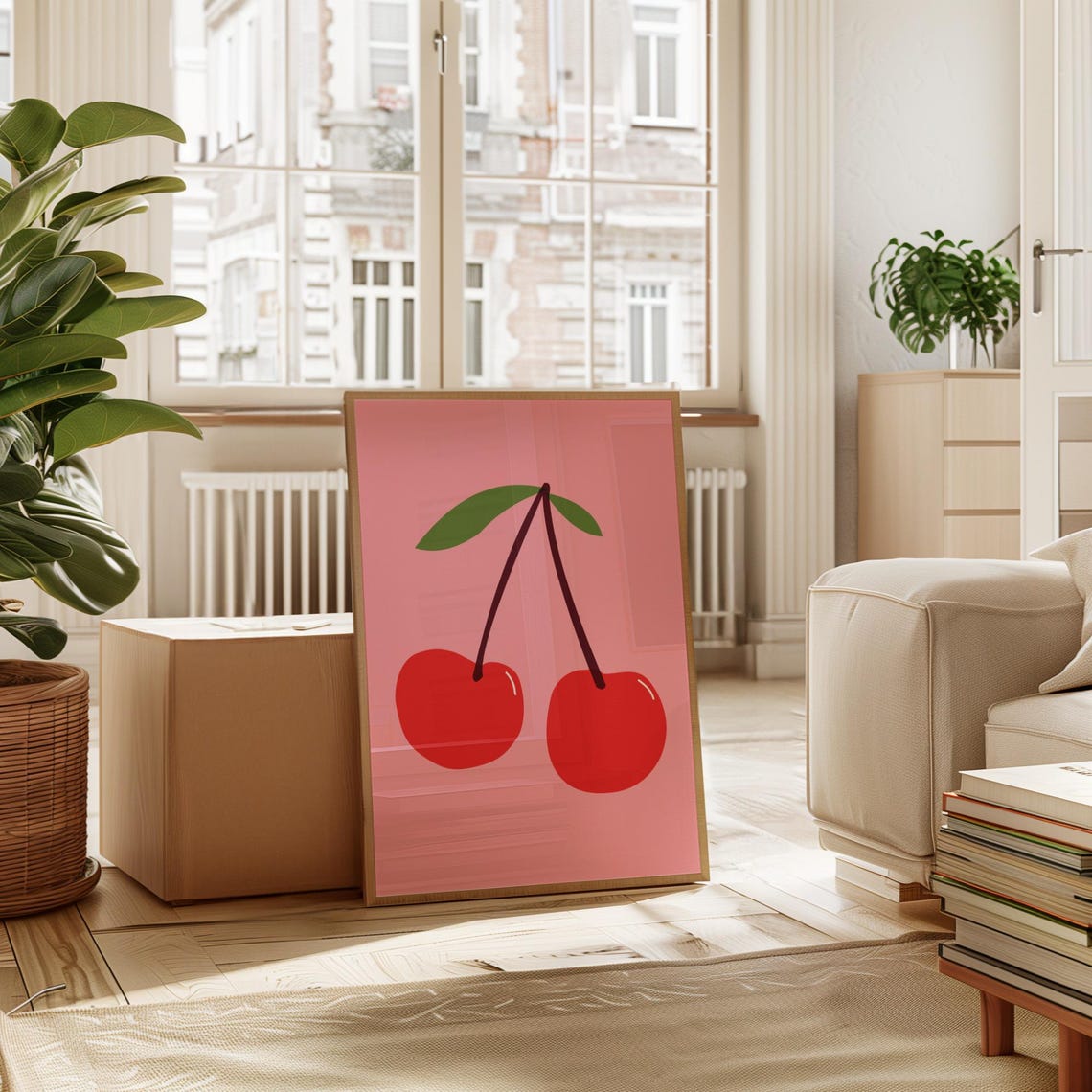 Red Cherry Pair Minimalist Pink Background Fruit Wall Decor Poster - Image 2