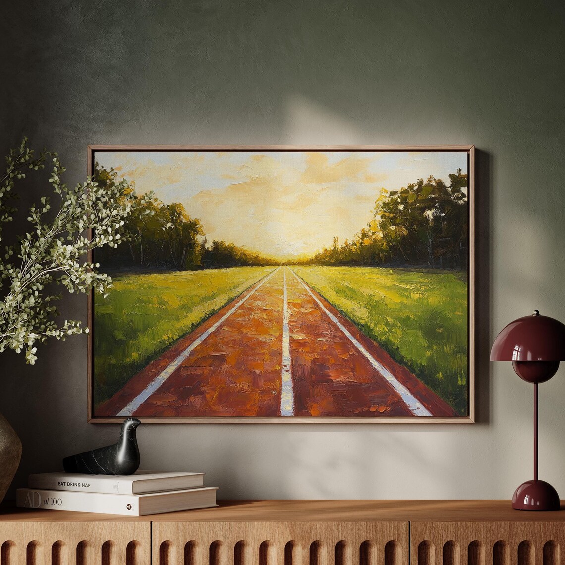 Running Track Golden Sunrise Field Pathway Athletic Sports Art Poster