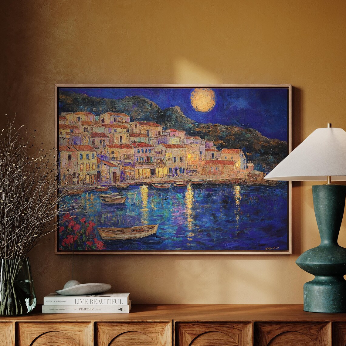 Mediterranean Harbor Night Moonlit Village Boats Reflections Art