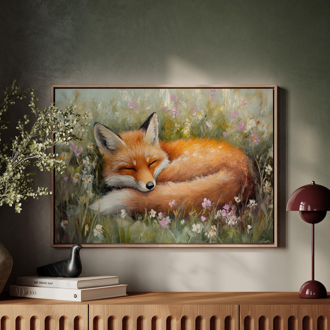 Sleeping Red Fox In Wildflower Meadow Peaceful Nature Animal Art Poster
