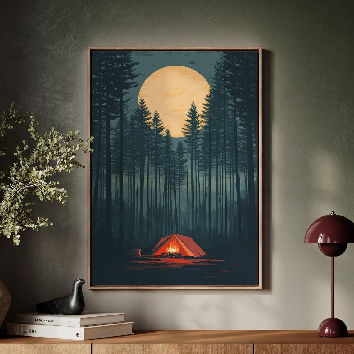 Moonlit Camping, Cozy Campfire In Dark Forest