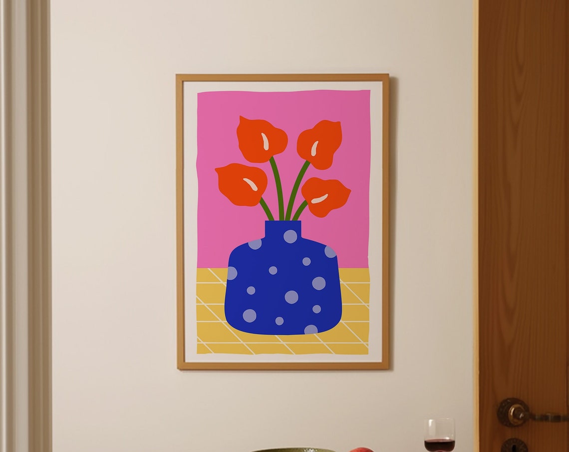 Colorful Abstract Red Flowers in Blue Dotted Vase Floral Wall Art
