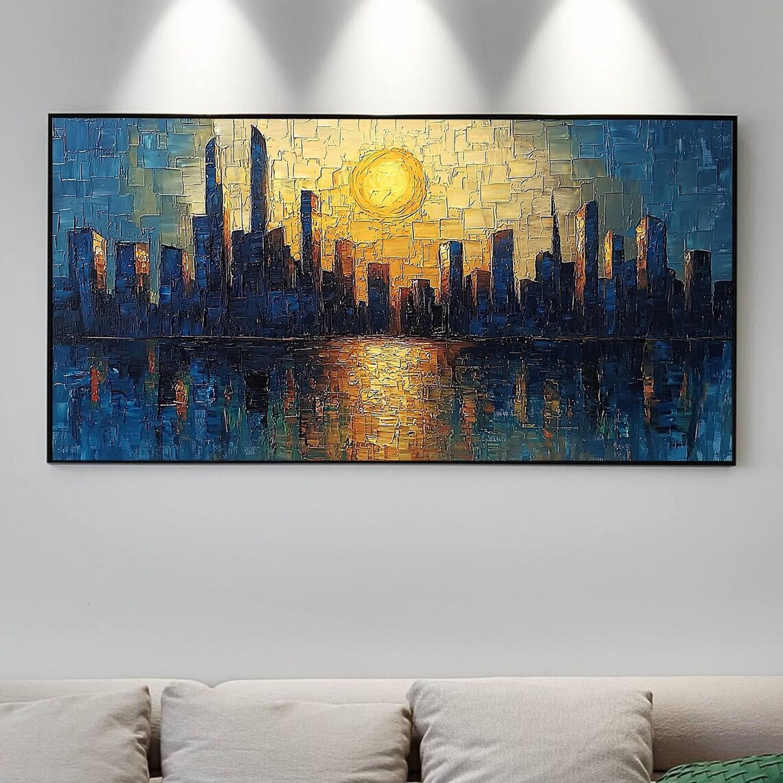 Sunset City Skyline Under Golden Sun with Water Reflection Wall Art