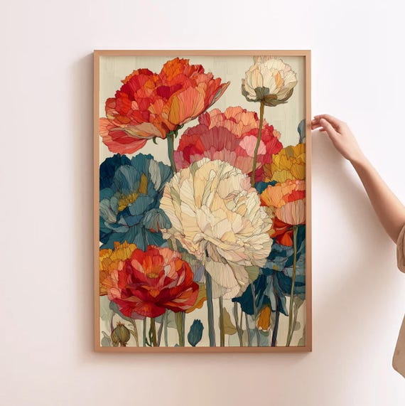 Peonies Colorful Flower Art Print, Maximalist
