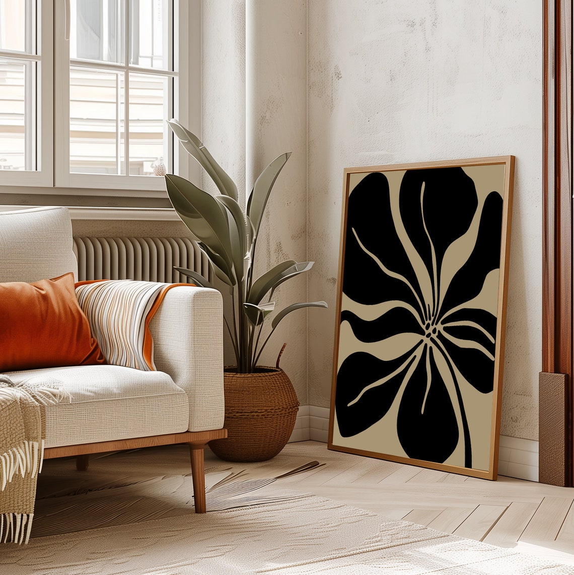 Bold Black Poppy Flower Beige Abstract Modern Floral Art Poster - Image 3