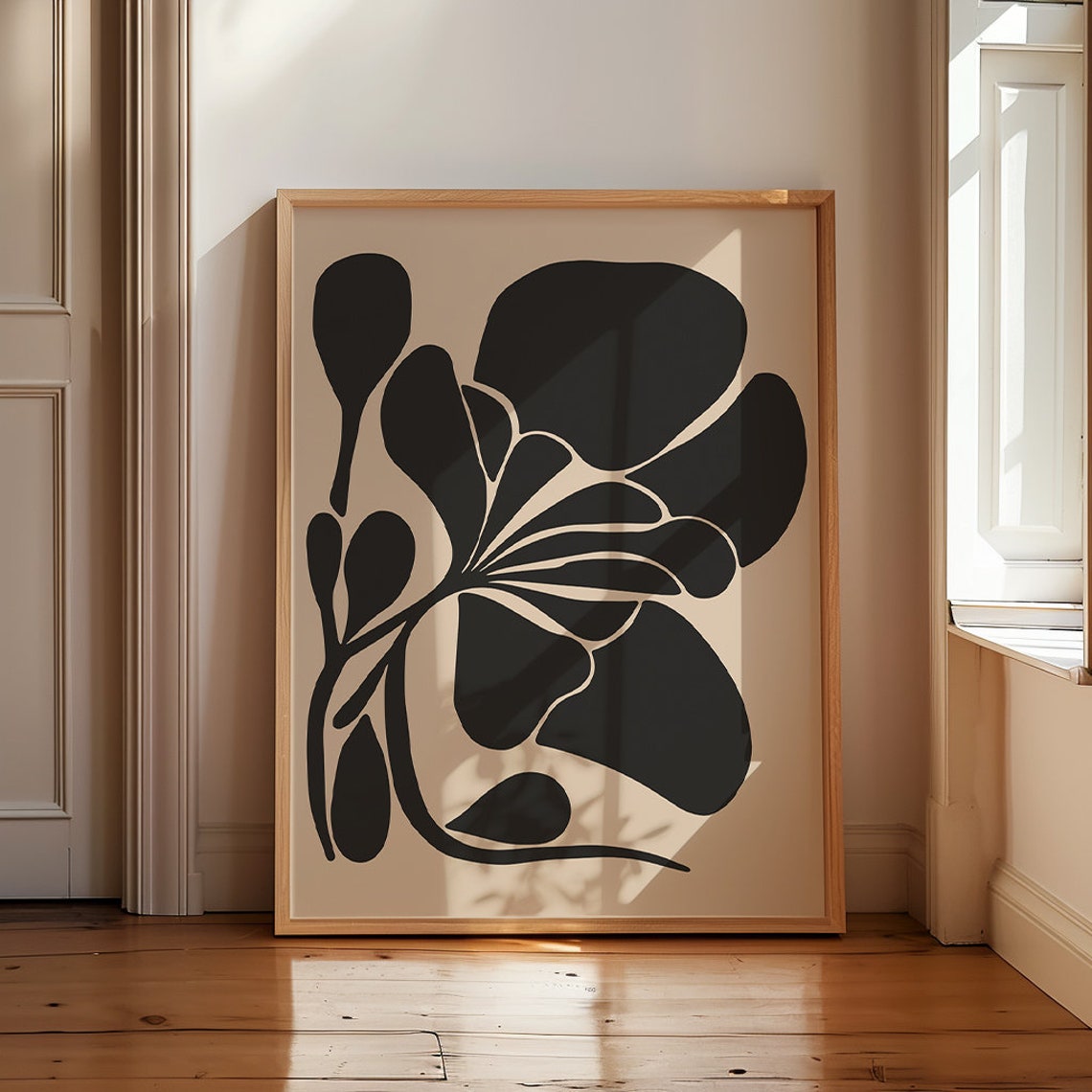 Black Beige Abstract Botanical Mid Century Modern Wall Poster