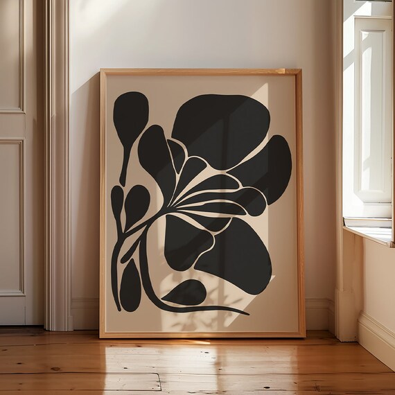 Abstract Beige And Black Painting Mid Century Wall Art Modern Beige Black Wall Art Minimal Botanical Print Matisse Botanical Modern Decor