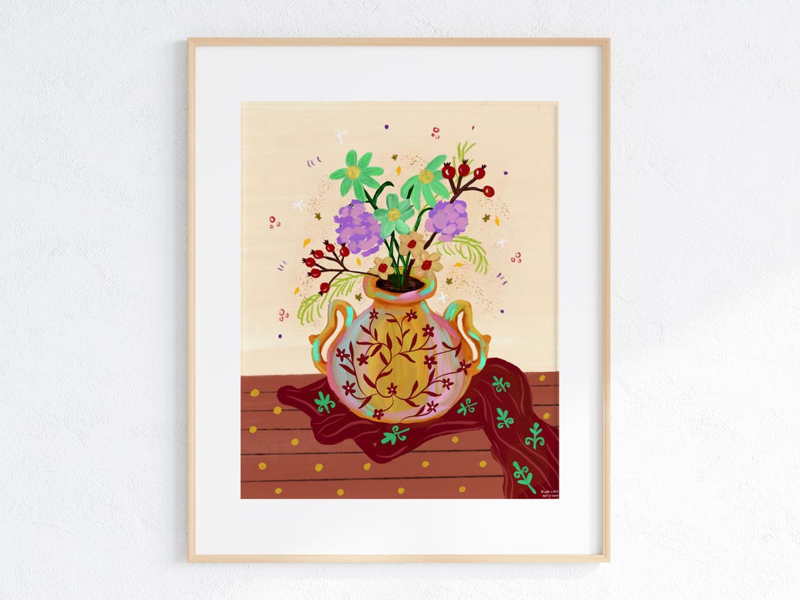 Rustic Flower Vase Still Life Cottage Kitchen Decor Art Print