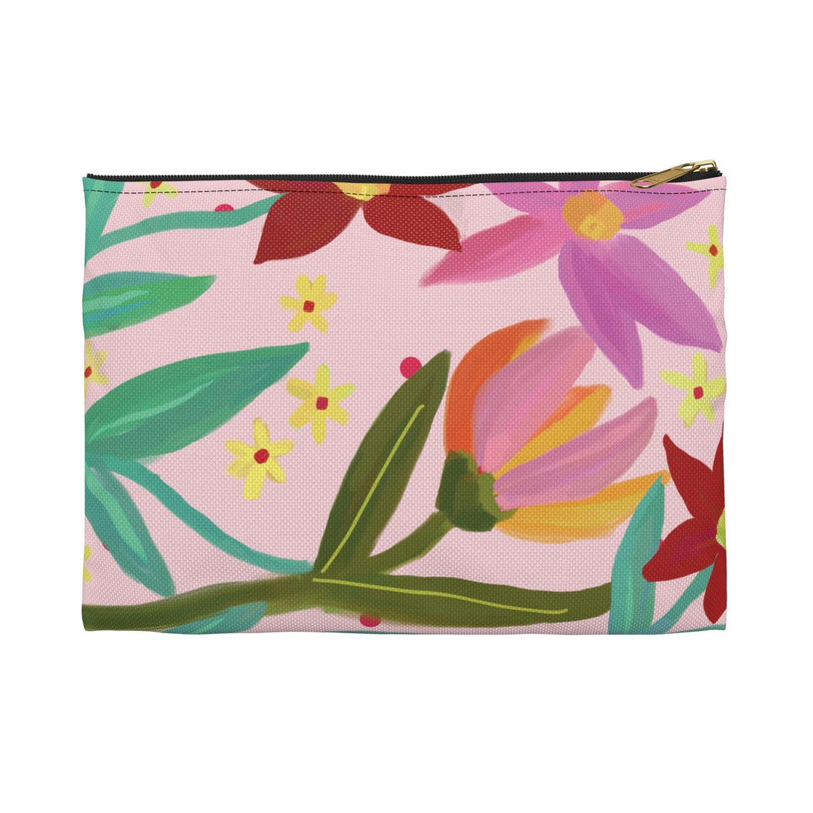 Pink Floral Botanical Zipper Pouch Cosmetic Bag Flower Print