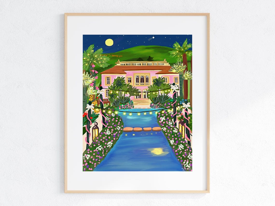 Villa Ephrussi Pink Palace Night Illuminated Pool Garden Poster