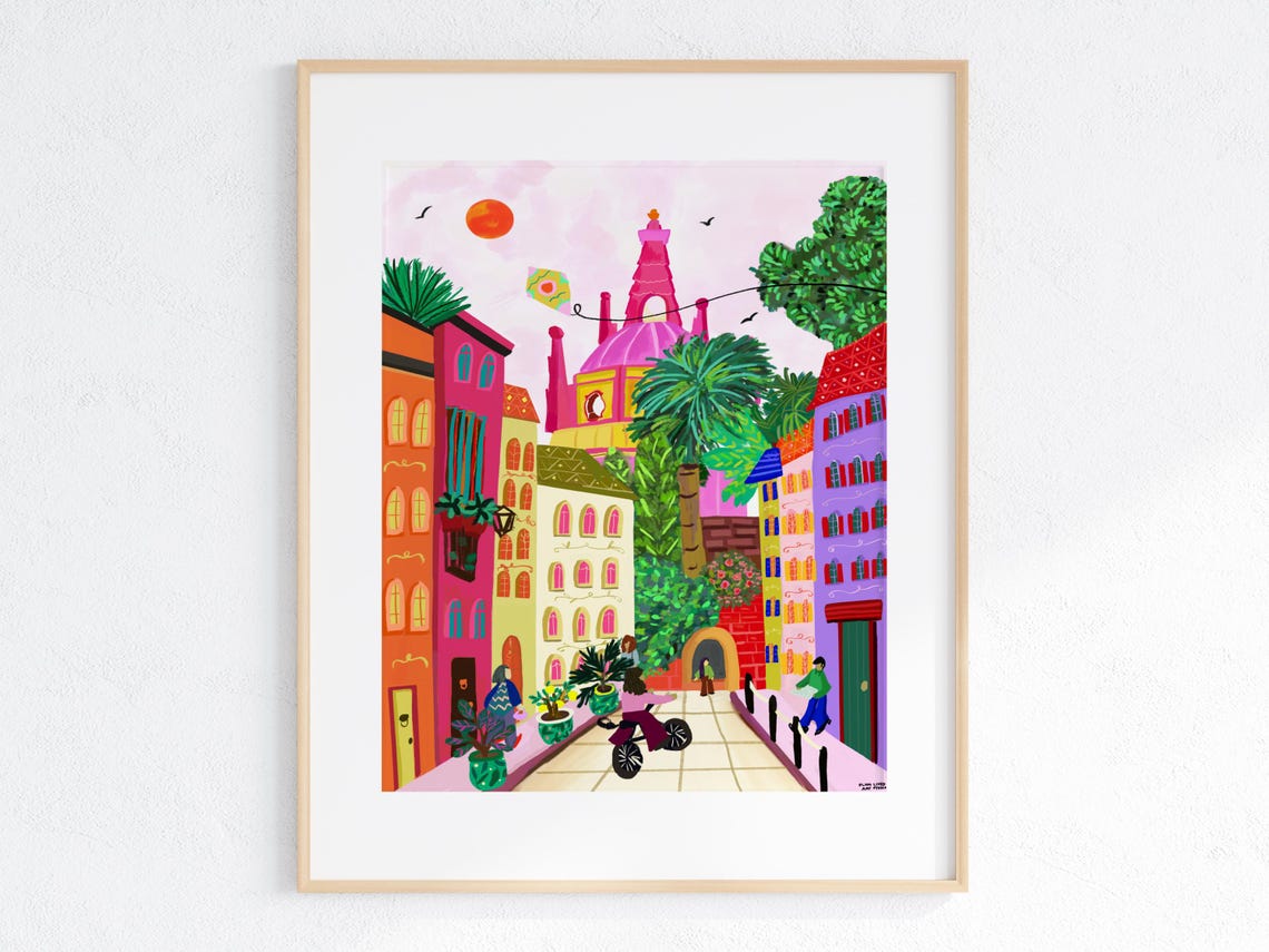 Mexico Travel Art Print Colorful Mexican Street Scene Mexico City Wall Decor Mexico Culture Illustration Living Room Decor
