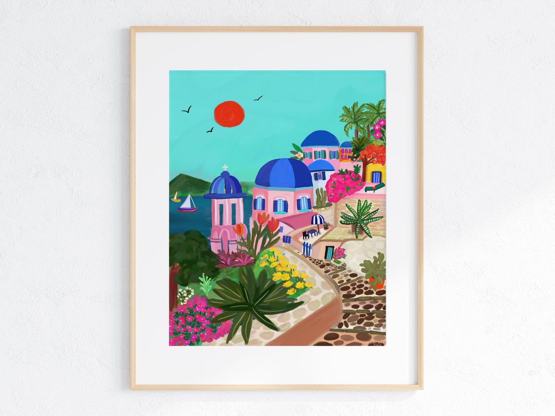 Santorini Greece Blue Domes Caldera Red Sunset View Art Print