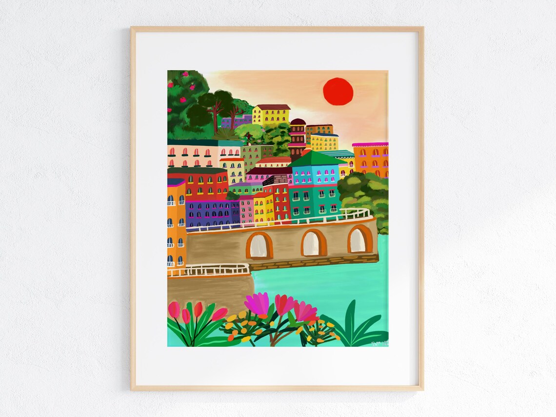Amalfi Coast Positano Poster Print Colorful Living Room Decor Illustrated Travel Art Vibrant Wall Art Italy Painting Posters