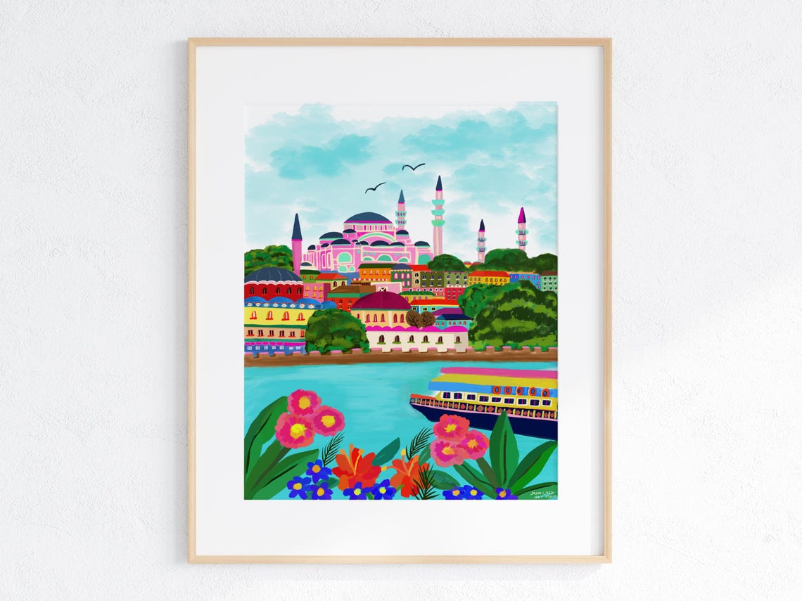 Istanbul Blue Mosque Pink Skyline Bosphorus Ferry Boat Art Print