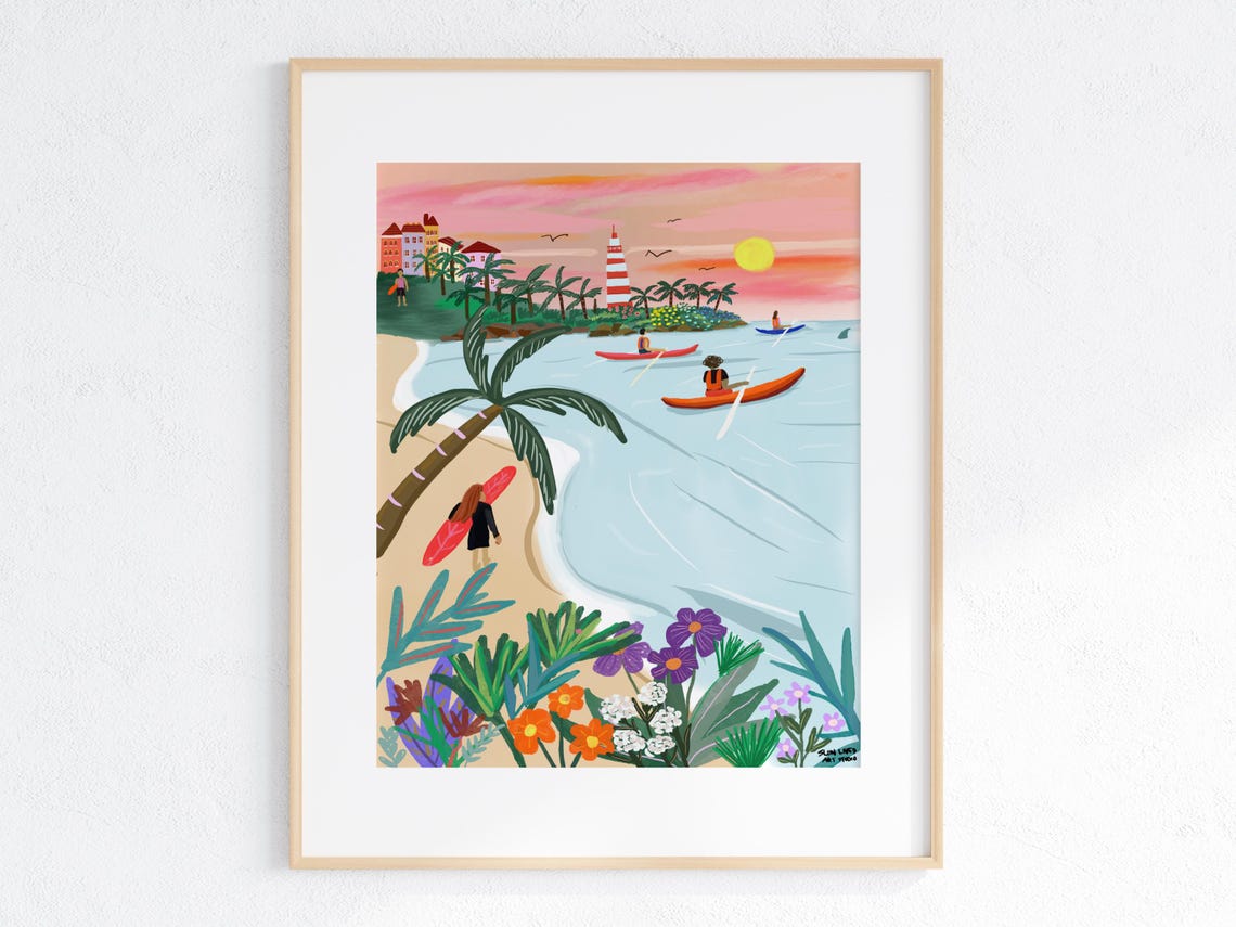 Surf Beach Sunset Lighthouse Kayaks Tropical Waves Art Poster