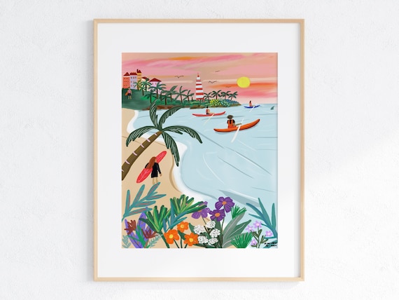 Surfing Art Print Gift For Surfer Cute Coastal Print Beach House Decor Surfer Wall Art Sunset Beach Art