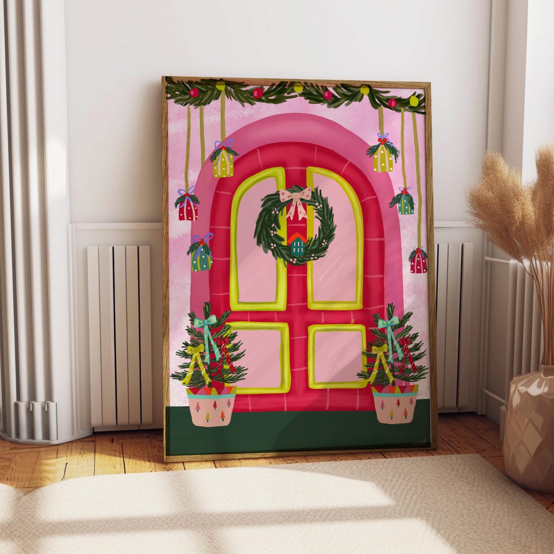 Pink Christmas Front Door Wreath Ornaments Girly Holiday Wall Art