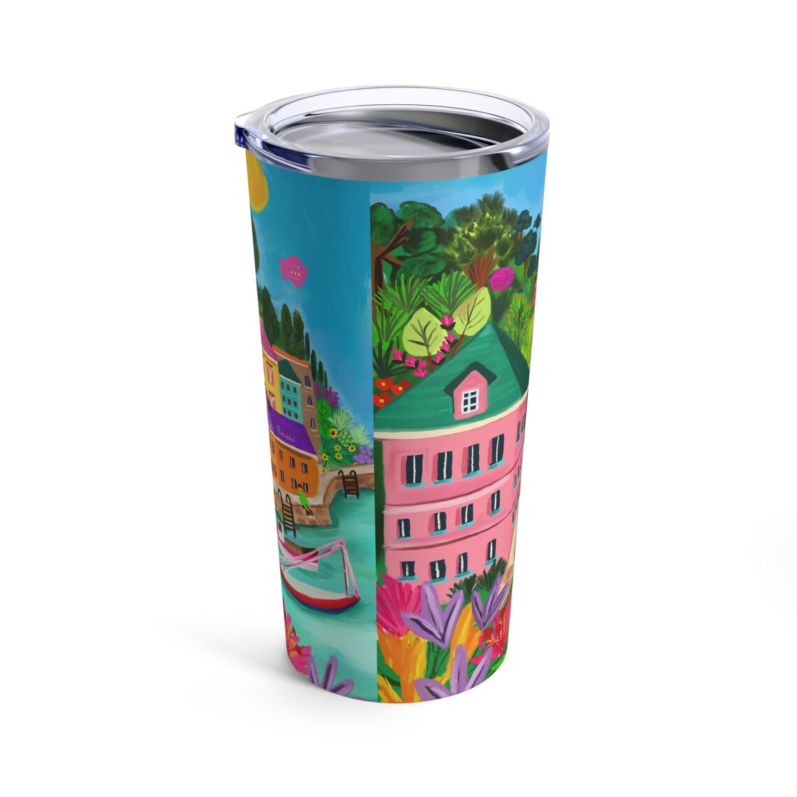 Colorful Fishing Harbor Village Travel Tumbler Lid Cup Print - Image 4