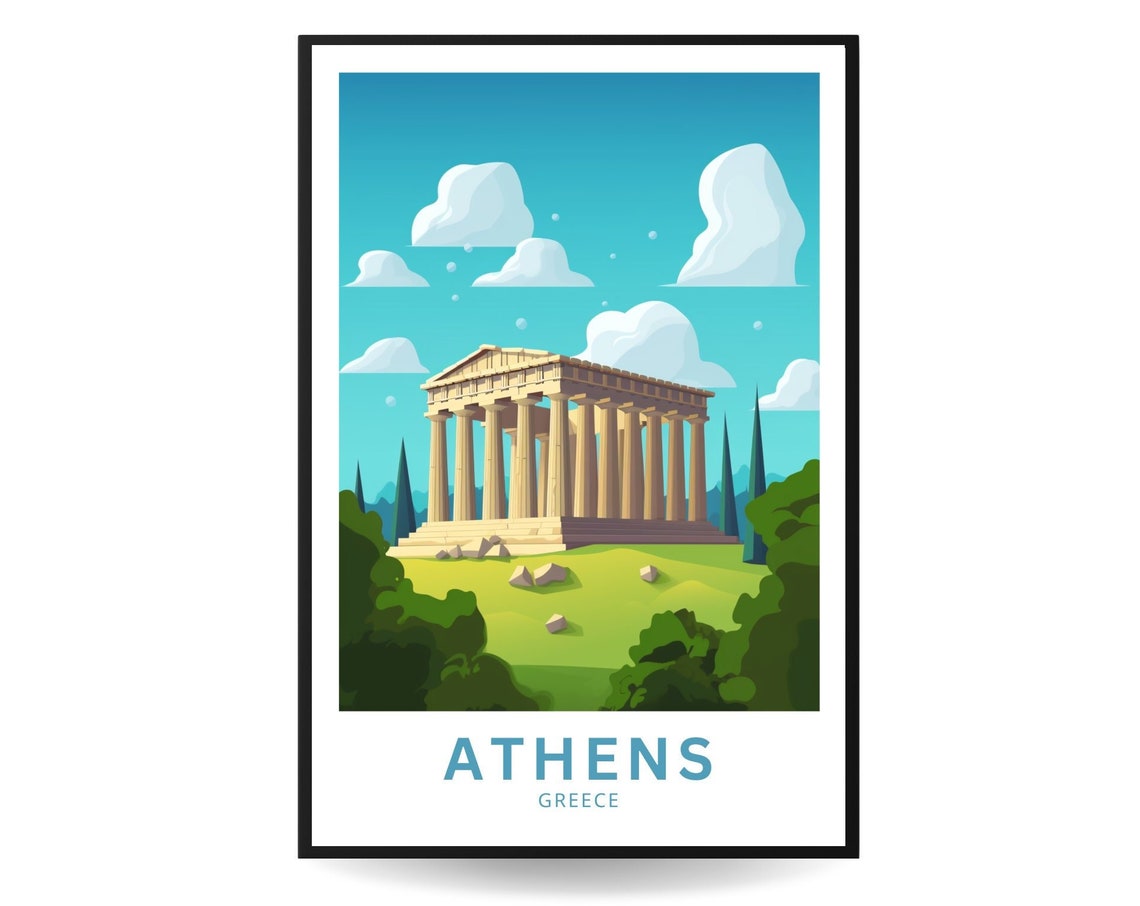 Athens Greece Parthenon Playful Cloud Cartoon Travel Poster Art - Image 5