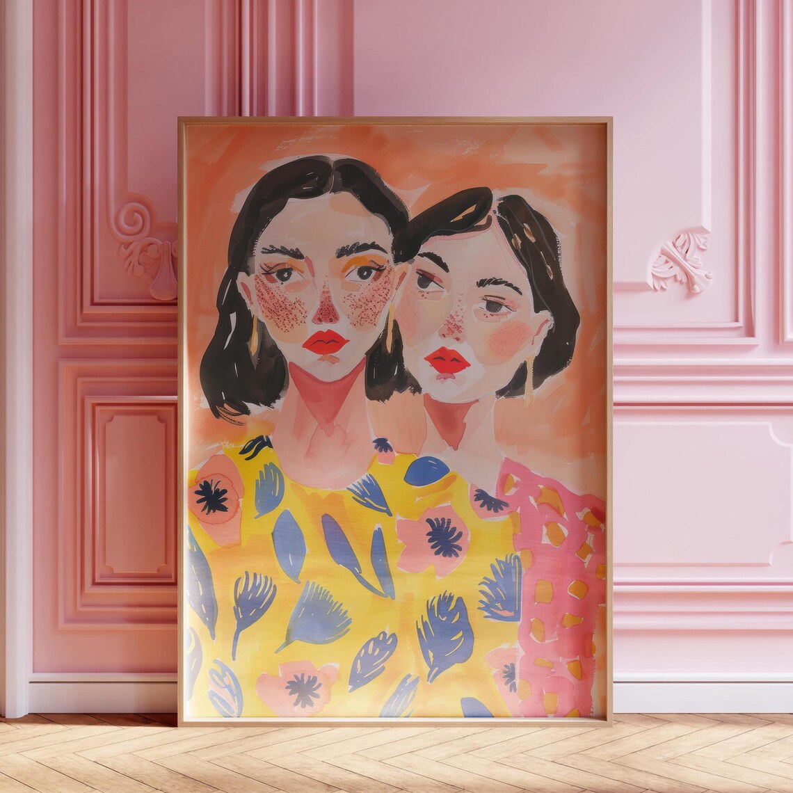 Feminine Watercolor Portrait of Two Women Colorful Dresses Art Poster