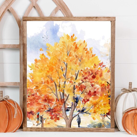 Golden Autumn Tree Falling Leaves Watercolor Fall Walk Poster