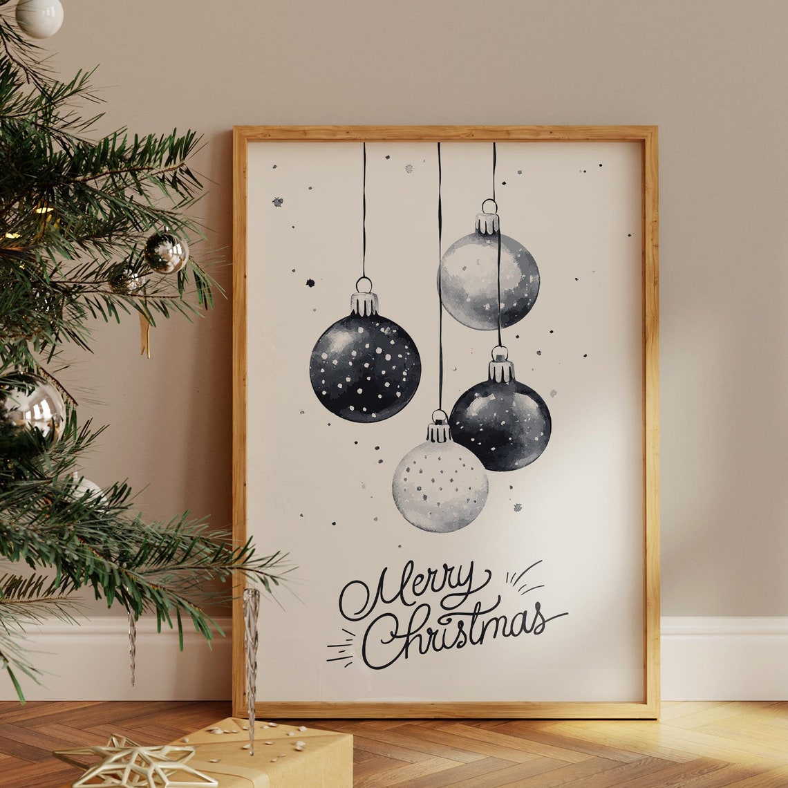 Merry Christmas Black and Silver Bauble Sketch Minimalist Poster