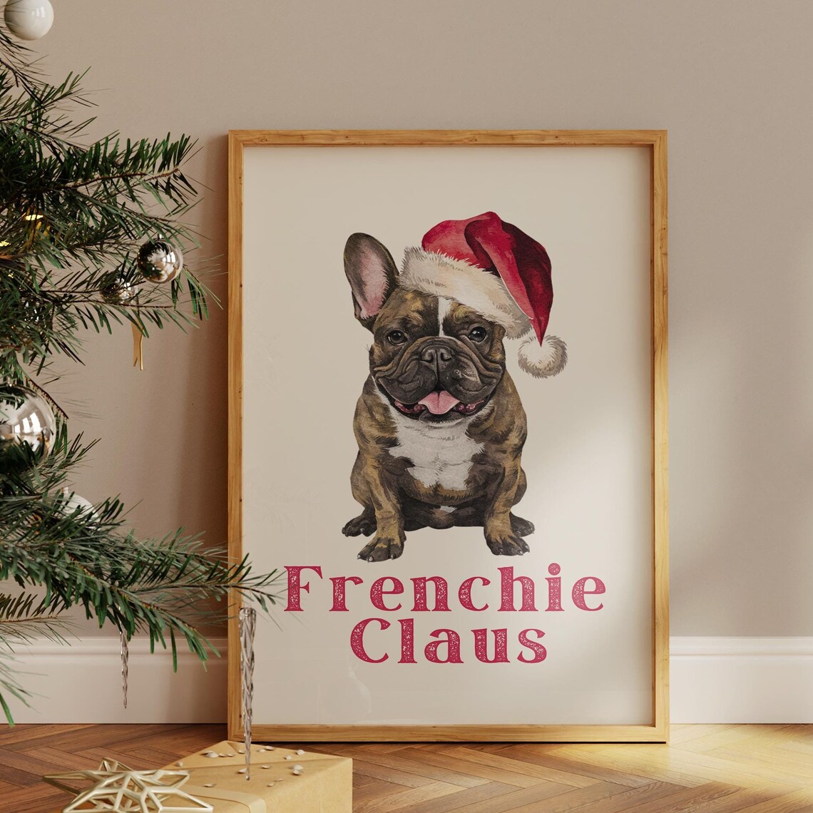 Frenchie Claus Christmas Poster with French Bulldog in Santa Hat