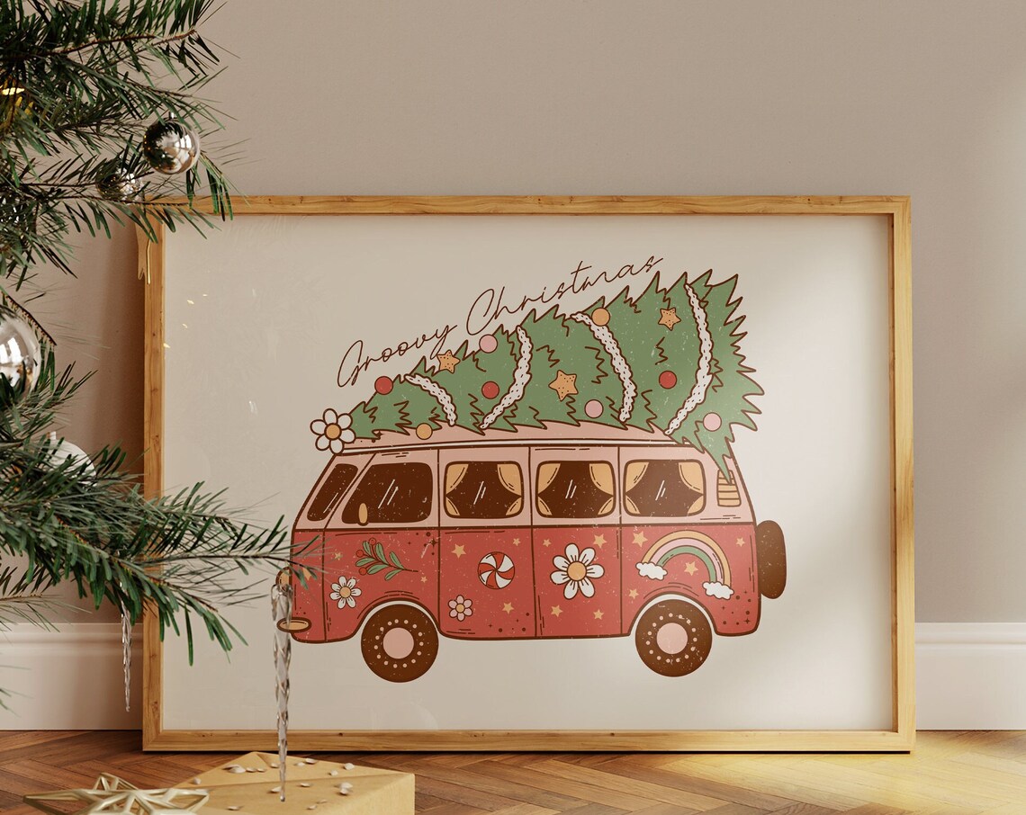 Groovy Christmas Pink Retro Van 70s Hippie Holiday Flower Poster