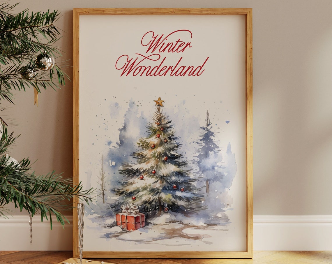 Winter Wonderland Script Snowy Christmas Tree Watercolor Poster