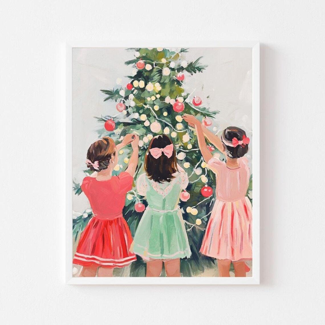 Three Girls Decorating Christmas Tree, Retro Art Print