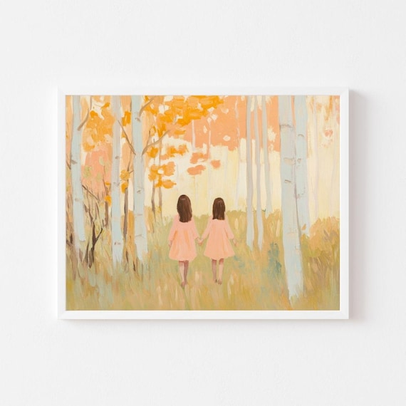 Autumn Forest Painting of Two Girls, Fall Landscape Art Print